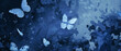A floral scene with butterflies, styled with rough-edged 2d animation, human form presentation, and colored in dark white and dark blue hues.