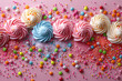 A colorful background with swirled meringue cookies and sprinkles scattered around, creating an elegant display of sweet treats in the style of various artists