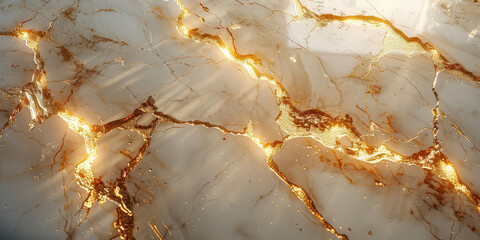 Canvas Print - White marble with golden veins, glowing gold streaks, radiant light rays, seamless texture background, detailed, intricate