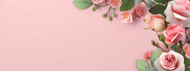 Wall Mural - Banner with frame made of rose flowers and green leaves on a pink background. Springtime composition with copyspace