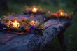 Midsummer night celebration. Wooden log with flower crown and fire in lush green rural landscape.. Generative AI