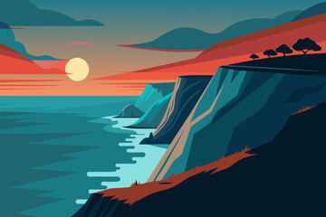 Wall Mural - illustration of sea with sunset