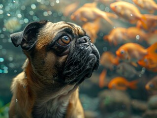 Canvas Print - A pug dog looking up at a group of goldfish swimming in water. Generative AI.