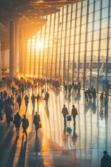 Wall Mural - A group of people walking through a large building at sunset. Generative AI.