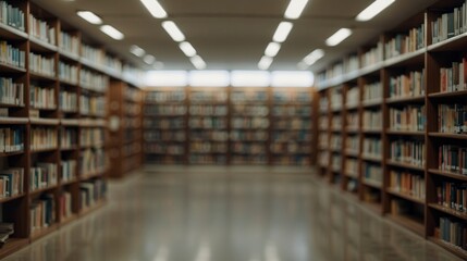 Blurred public library bookstore interior space, blurry storage room with bookshelves by defocused effect. Education training concept background