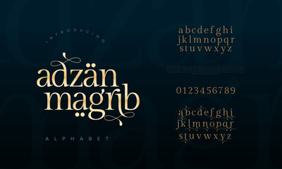 Wall Mural - Adzan premium luxury arabic alphabet letters and numbers. Elegant islamic  typography ramadan wedding serif font decorative vintage. Creative vector illustration