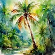 a vibrant watercolor wall art depicting a lush coconut tree standing tall amidst lush foliage, with vivid hues of green and brown capturing the essence of a tropical paradise