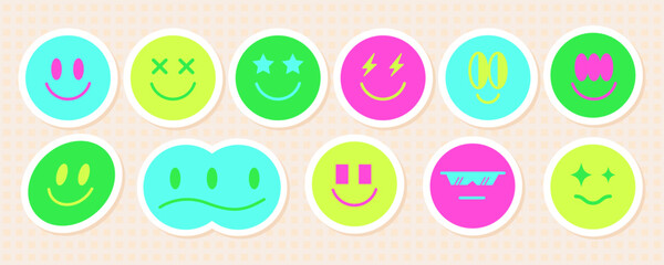 Wall Mural - retro abstract acid smile face sticker pack, futuristic psychedelic groovy emoji decoration graphic,