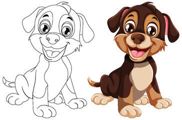 Poster - Two cartoon dogs, one colored and one line art.