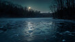 A frozen lake lies under the cover of darkness its surface cracked and shimmering in the moonlight. The surrounding trees cast long . .
