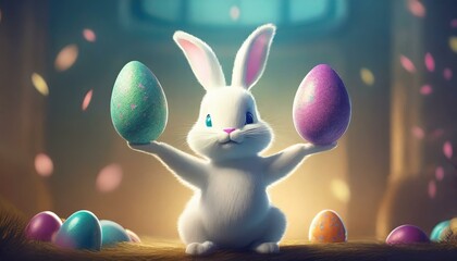 Canvas Print - An Easter bunny and Easter eggs.
