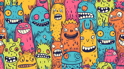 Poster - Colorful Doodle Monsters Vector Pattern