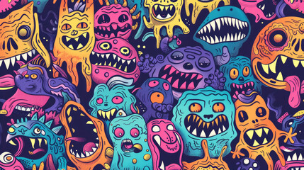 Sticker - Colorful Doodle Monsters Vector Pattern