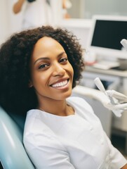 Sticker - Woman with curly hair is sitting in dentist's chair