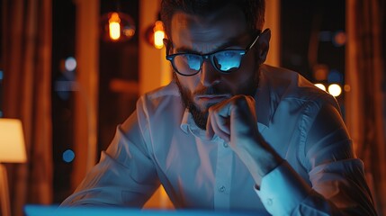 Poster - Thoughtful businessman think of online project looking at laptop. copy space for text.