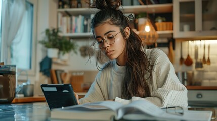 Poster - Young latin female work with financial papers at home count on calculator before paying taxes receipts online by phone. Millennial woman planning budget glad to find chance for economy saving money.