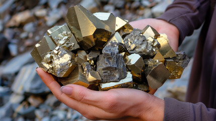 A person showcases a stunningly large cluster of pyrite crystals, their metallic luster catching the eye