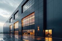 A Large Rectangular Modern Building Made Of Black Metal And Glass, With Lights On Inside The Windows, Stands In Front Of An Industrial Area At Dusk. Created With Ai