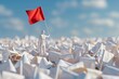 3D render of a figure holding a red flag aloft in a sea of white flags, courage in leadership, isolated