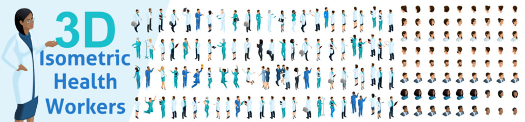 Wall Mural - Large set of isometric, 3D Health workers, medical staff, nurses, doctors. Kit Emotions for characters