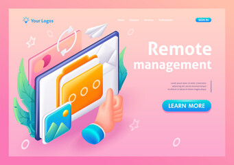 Poster - 3D Isometric, cartoon. Mobile app. Remote management of the card account. Cloud storage of credit card data. Trending Landing Page