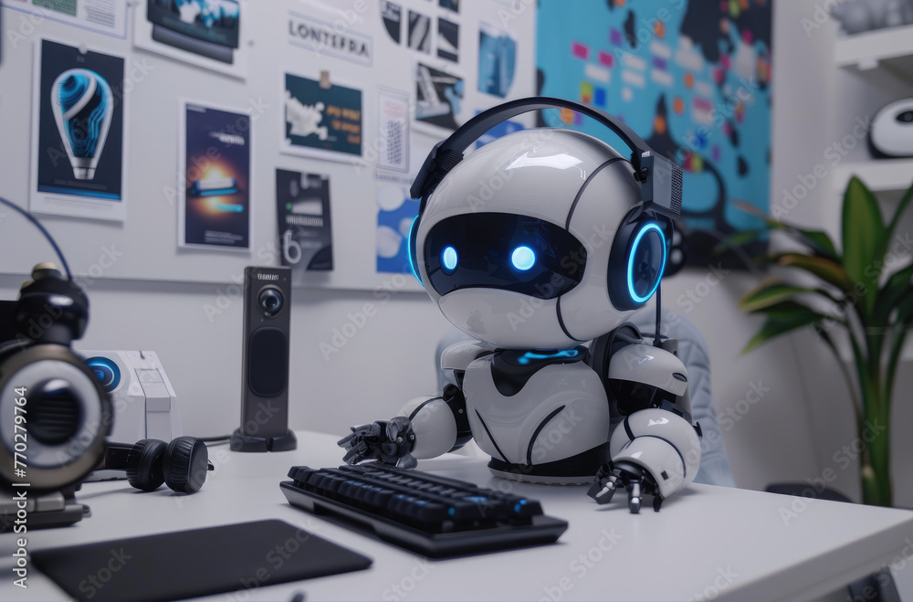 A cute robot with headphones sitting at an office desk typing on the ...