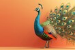 A colorful peacock stands on a red background