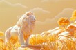 A white lion stands in a field of yellow grass