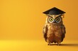 A cartoon owl wearing a red graduation cap and gown stands on a green surface