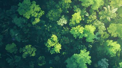 Wall Mural - top view of forest, daytime sunlight, anime style background