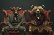 A bull and bear sitting in armchairs, dressed in suits, posing for the camera. Created with Ai