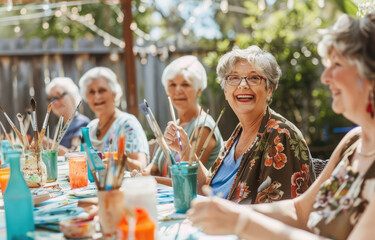 Sticker - happy senior women having fun painting at an outdoor art class in the garden of their community, summer time