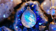A single opal pendant shines with a prismatic play of colors among a bed of blue crystal rocks, exuding luxury and rarity