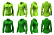 2 Set of woman dark light green lime button up long sleeve collar slim fitting shirt front, back side view on transparent background cutout, PNG file. Mockup template for artwork graphic design