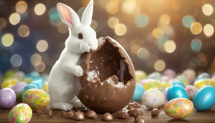 Poster - A white Easter bunny holding a giant chocolate Easter egg.
