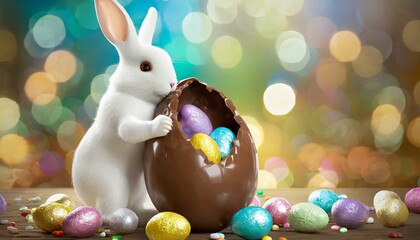 Wall Mural - A white Easter bunny holding a giant chocolate Easter egg.
