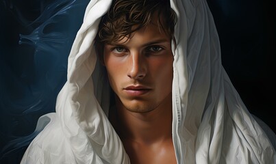 Wall Mural - Portrait of a handsome young man in a white cloth. Men's beauty, fashion