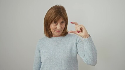 Wall Mural - Confident middle-aged woman showing small size gesture, gesturing size with fingers, wearing sweater on isolated white background.