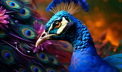 Wall Mural - Beautiful peacock on black background, close-up portrait