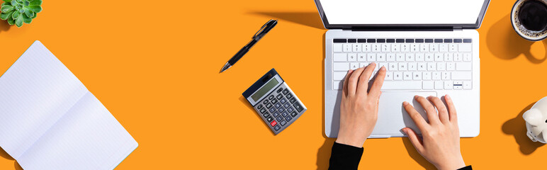 Poster - woman using a laptop computer with a piggy bank and a calculator