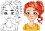 Fototapeta Konie - Vector transformation of a girl from line art to color