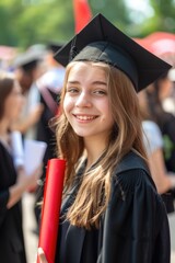 Canvas Print - A girl wearing a black graduation gown and a black cap is smiling and holding a red graduation certificate