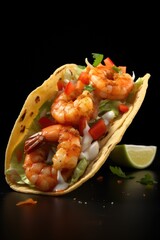 Wall Mural - a shrimp taco with lime on the side. the taco is filled with shrimp and topped with lettuce and toma