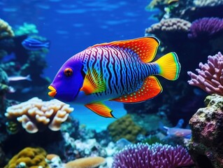 Poster - A colorful fish swimming in the ocean. The fish is surrounded by coral and other sea creatures. Concept of vibrancy and life in the ocean