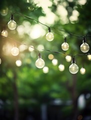 Wall Mural - A string of lights hanging from a tree. The lights are white and are lit up