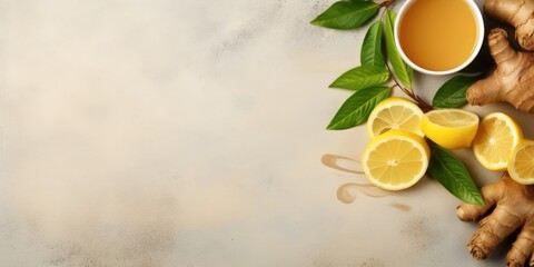 Poster - A white background with a bowl of honey and a bunch of lemons and ginger