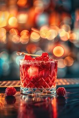 Wall Mural - A glass of red drink with a cherry on top. The drink is on a bar counter