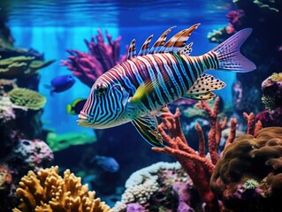 Wall Mural - A colorful fish swims in a tank with other fish and coral. The fish is surrounded by a variety of colors and shapes, creating a vibrant and lively scene