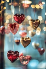 Poster - A string of red and gold heart decorations hang from the ceiling. The hearts are of different sizes and colors, creating a festive and warm atmosphere. The scene evokes feelings of love, joy