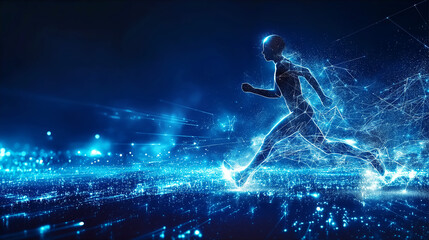 Technology abstract background with robot running, fututristic light on dark blue background.